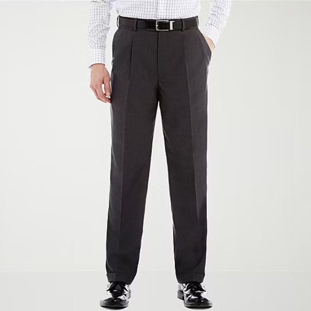 STAFFORD Sharkskin Travel Pleated Dress Pants Grey 34 32